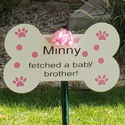 Dog bone shaped fur sibling baby announcement yard sign